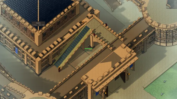 O castelo de guilda no jogo: o portão, duas torres, a muralha e a torre central de telhado azul