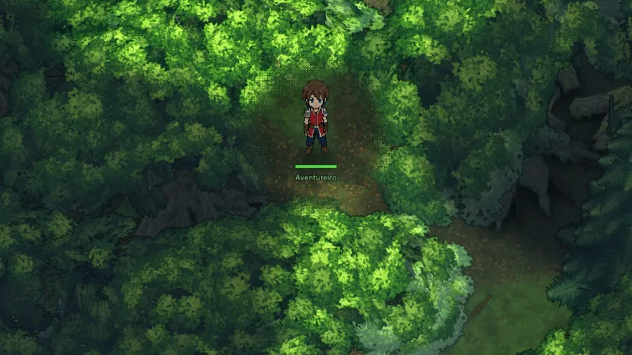 O Aventureiro numa clareira no meio da mata fechada, visto de cima