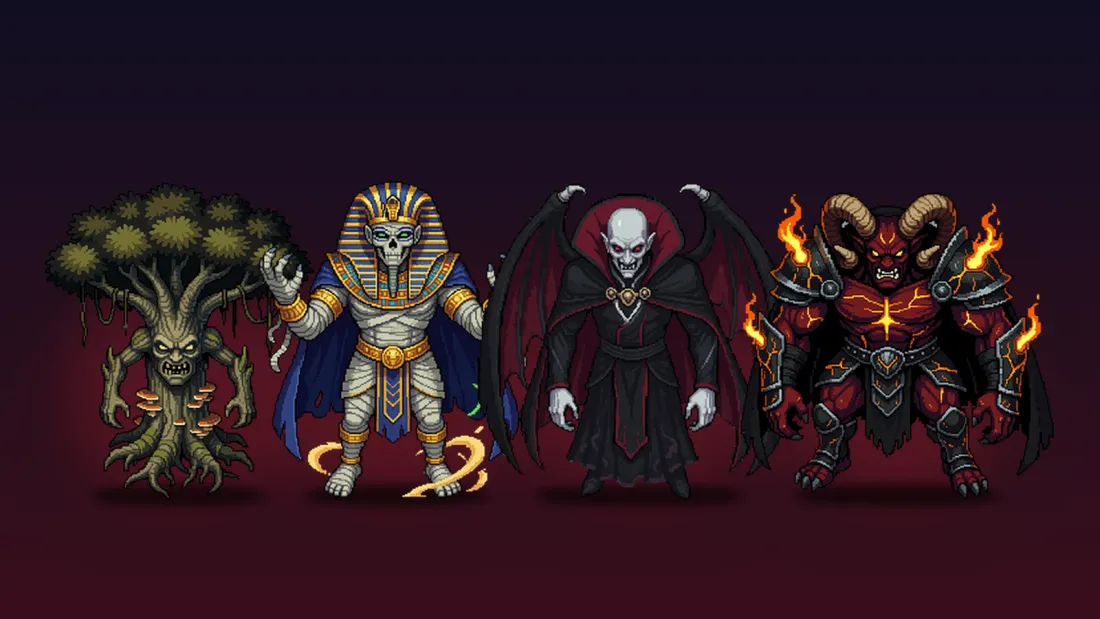 The four lords of evil side by side on a dark red background: Yggdrasil, the Pharaoh, the Count and Satan